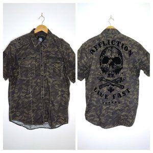 Affliction Men's XL Green Camo Short Sleeve Button Up Shirt Live Fast Skull